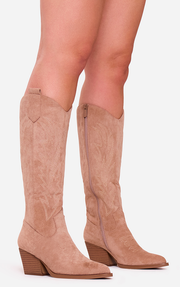 Cooler Embroidered Detail Pointed Toe Knee High Long Western Cowboy Boot In Taupe Faux Suede
