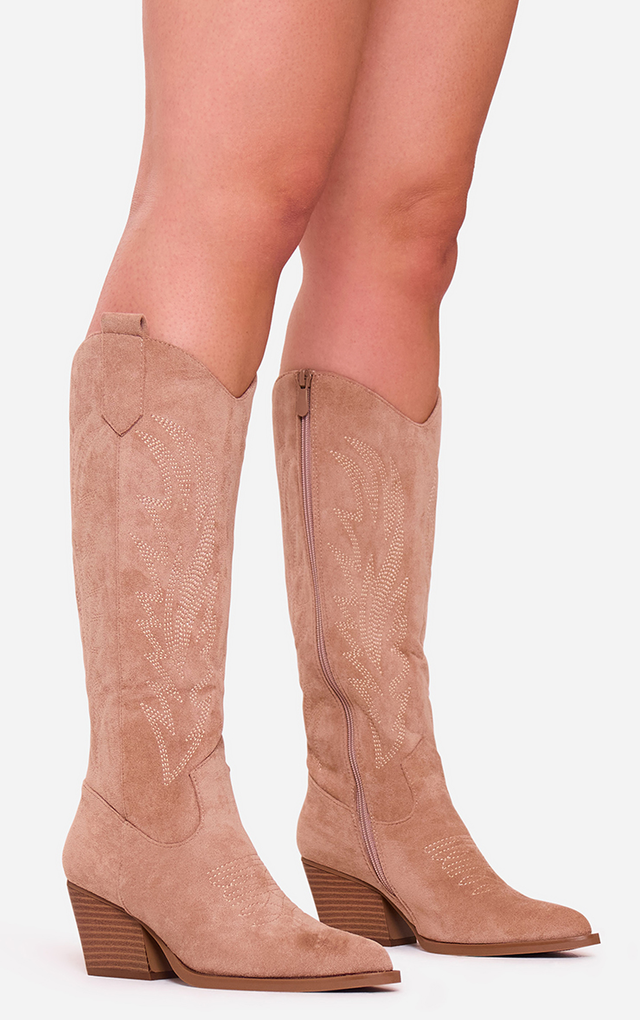 Cooler Embroidered Detail Pointed Toe Knee High Long Western Cowboy Boot In Taupe Faux Suede