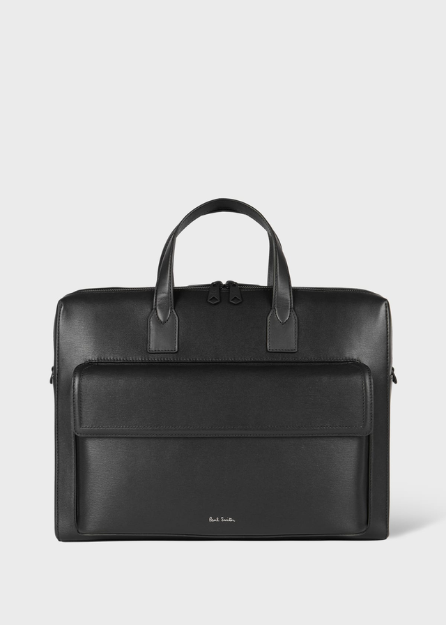 Black Straw-Grain Embossed Leather Double Zip Folio