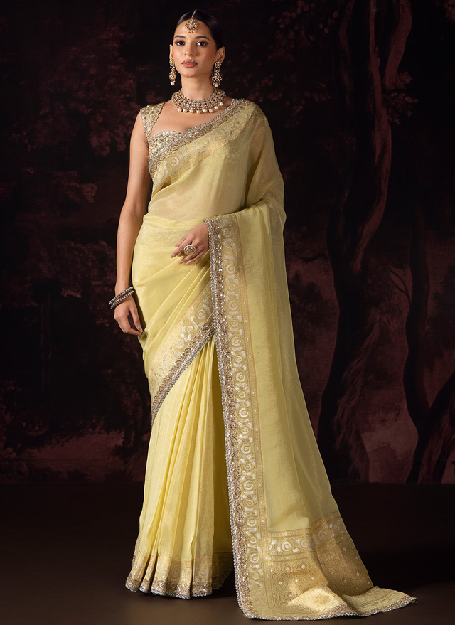Yellow Embroidered Tissue Saree