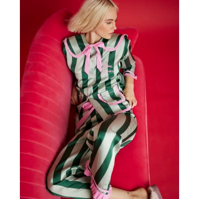 Nephthys Green Satin Striped Pyjama Set