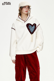 White Heart Jacquard Shell Thread Hooded Plush Hoodie