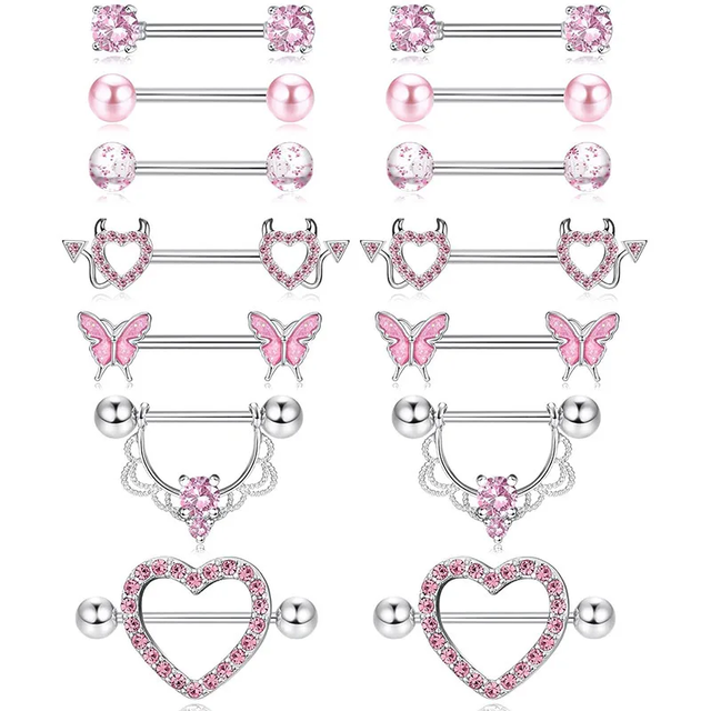 1 Pair Nipple Rings & Studs Hip-Hop Shiny Heart Shape Flower Butterfly 316L Stainless Steel  Copper Inlay Zircon Nipple Rings & Studs