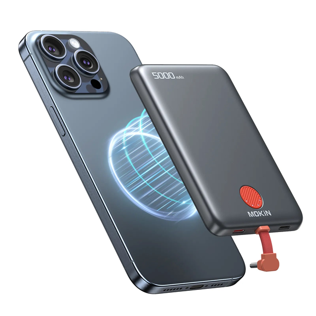 MOKiN Slim Magnetic Portable Power Bank with Built-in C Cable | 5000mAh 20W