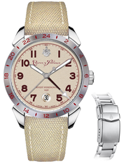 Limited Edition Cuervo y Sobrinos Historiador Hemingway GMT Automatic Stainless Steel Beige Dial Beige Textile Interchangeable Steel Bracelet Date Mens Watch 3192.1GMT
