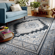 Obsidian Vintage Medallion Midnight Blue Area Rug with Fringe