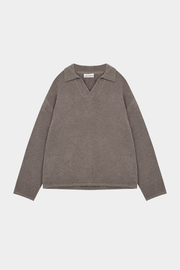 BOUCLE KNIT LONG SLEEVE POLO - BROWN