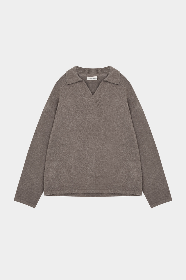 BOUCLE KNIT LONG SLEEVE POLO - BROWN