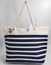 19 in. x 15 in. Navy Striped Rope Handle Tote Bag