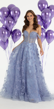 Off the Shoulder Butterfly Embroidered Tulle Lace Up Back Ballgown