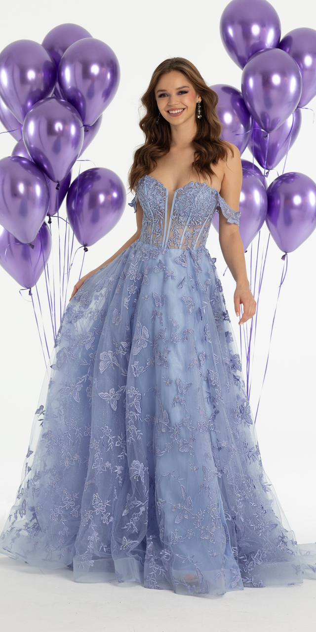 Off the Shoulder Butterfly Embroidered Tulle Lace Up Back Ballgown