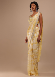 Lemon Yellow And Off-White Ombre Ready To Wear Sequins Saree With Multi-Color Beads Embellishment In Floral Detailing On Pallu Border