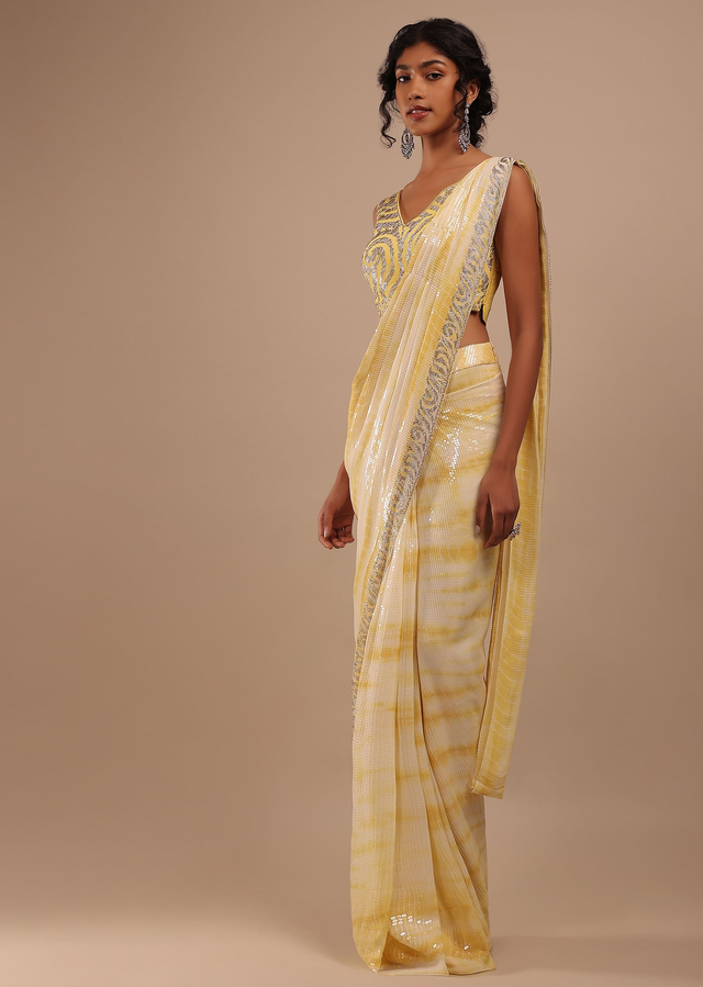 Lemon Yellow And Off-White Ombre Ready To Wear Sequins Saree With Multi-Color Beads Embellishment In Floral Detailing On Pallu Border