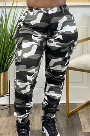 Black Street Camouflage Print Pocket Buttons Zipper High Waist Cargo Pants