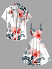 Tropical Leaf Hibiscus Flower Print Plus Size Matching Hawaii Beach Outfit For Couples
