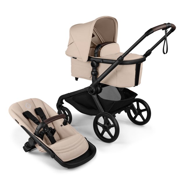 Bugaboo Kangaroo bassinet and seat pram black base, desert taupe fabrics, desert taupe sun canopy