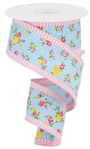 Pale Blue Pale Pink White - 3-In-1 Vintage Floral/Stripe Ribbon - 2-1/2 Inch x 10 Yards