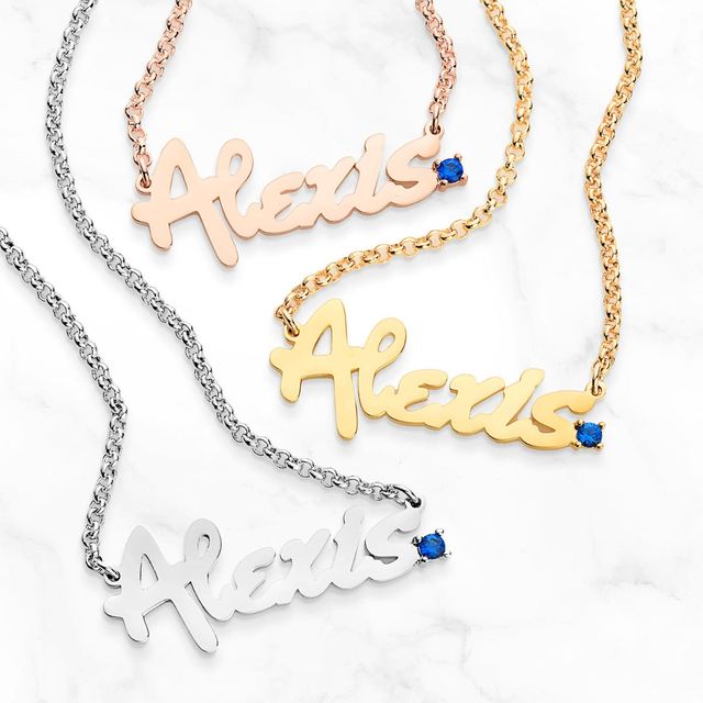 Personalized Bold Script Name with Birthstone Accent Necklace