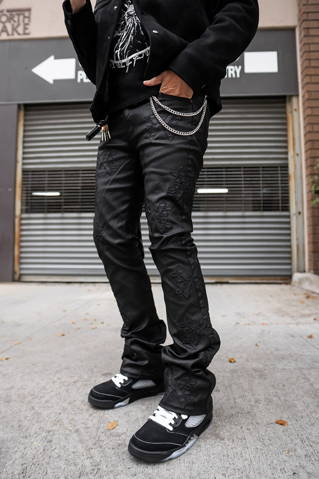 MONOGRAM WAXED FLARED PANTS