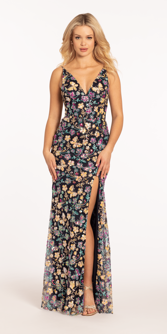 Sequin Floral Garden Plunging Mesh Column Dress