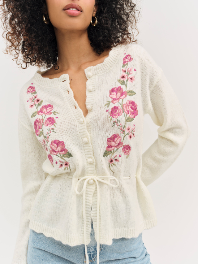 Molly Embroidered Knit Cardigan — Cream