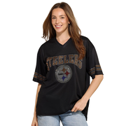 Pittsburgh Steelers NFL Womens Rhinestone Logo Oversized V-Neck Mesh T-Shirt