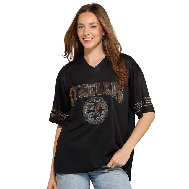 Pittsburgh Steelers NFL Womens Rhinestone Logo Oversized V-Neck Mesh T-Shirt
