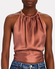 Power Chain-Trimmed Silk Halter Top