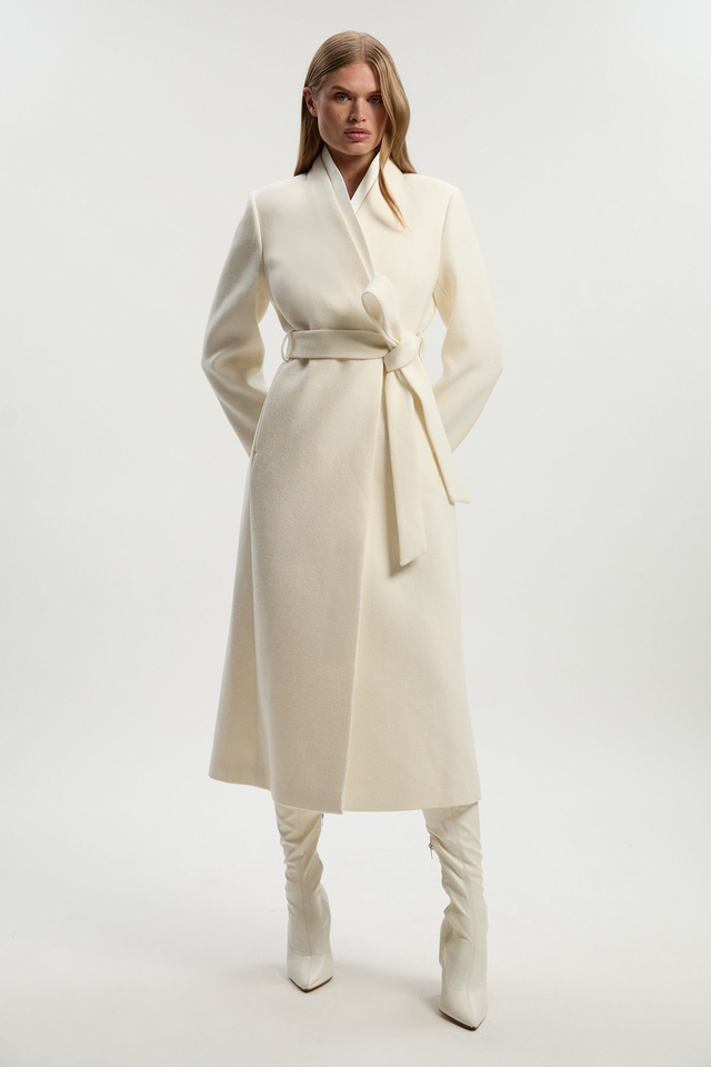 Brushed Wool Satin Mix Belted Wrap Neck Tailored Midi Coat | Karen Millen