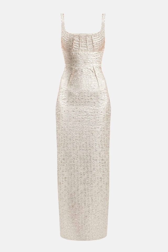 Sharon Dress In Champagne Metallic Seersucker