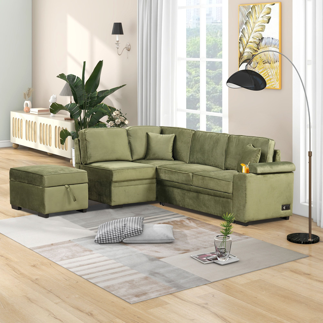 Virginia Green Velvet Convertible Sleeper Sofa with Hidden Storage Ottoman