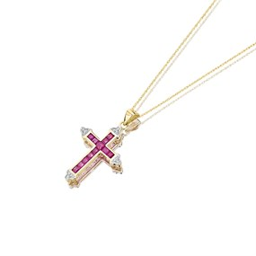 9ct Gold Diamond And Ruby Cross And Chain - D5711