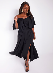 Taryn Ruffled Thigh Slit Maxi Skater Dress - Black