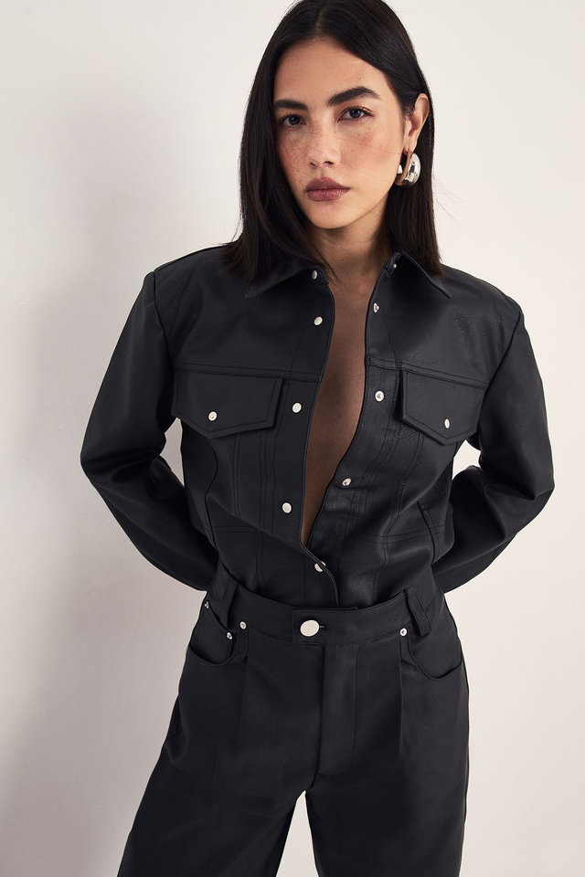 Western Faux Leather Shoulder Pad Shirt