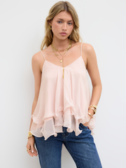 Ruffle Hem Knotted Layered Mesh Cami Top