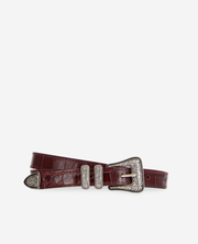 Burgundy crocodile-effect leather belt with Western buckle