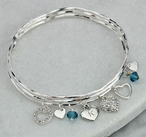 Personalised Diamante Heart Charm Bangle Set