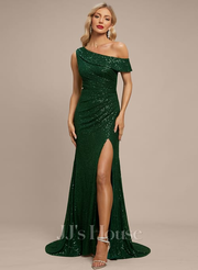 Trumpet/Mermaid Asymmetrical Sweep Train Sequin Evening Dress With Pleated (017288737)