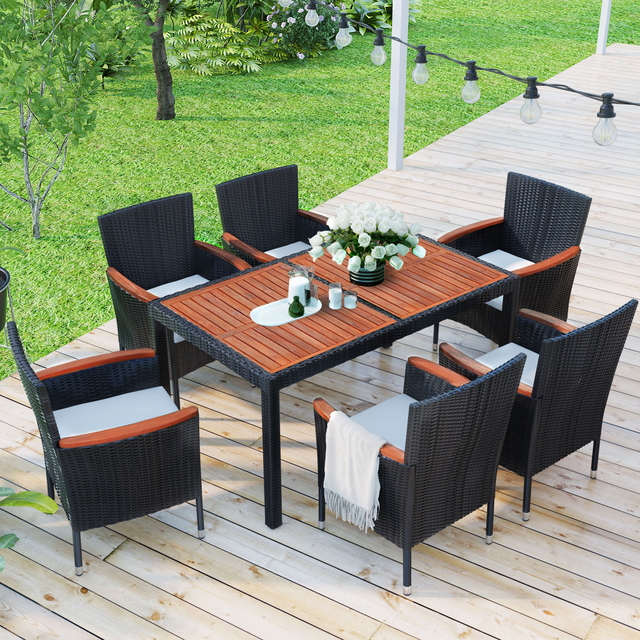 7-piece outdoor patio dining set, garden pe rattan wicker dining table and chairs set, reddish-brown
