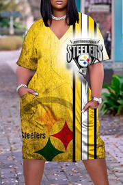 Ginger Casual Letter Print V Neck Short Sleeve Loose Straight Midi T-shirt Steeler Dress