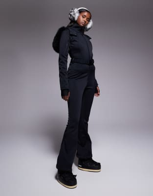 ASOS 4505 Ski soft shell belted ski suit with slim kick leg and faux fur hood in black