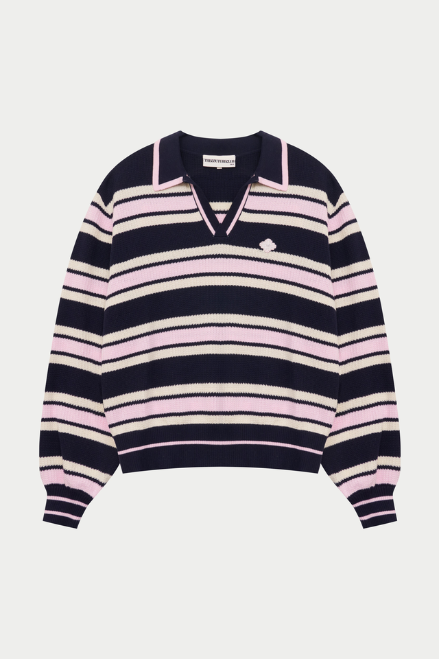STRIPE KNITTED POLO SWEATSHIRT - NAVY