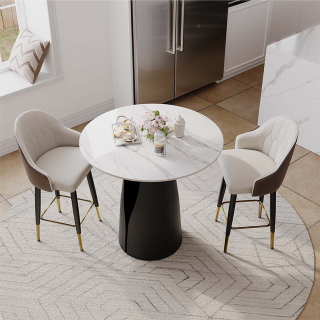 35" Modern Counter Height Round Table for 2-4 People, White Glossy Small Round Dining Table for Kitchen or Small Spaces with Black Base, Counter Height Bar Table for Families
