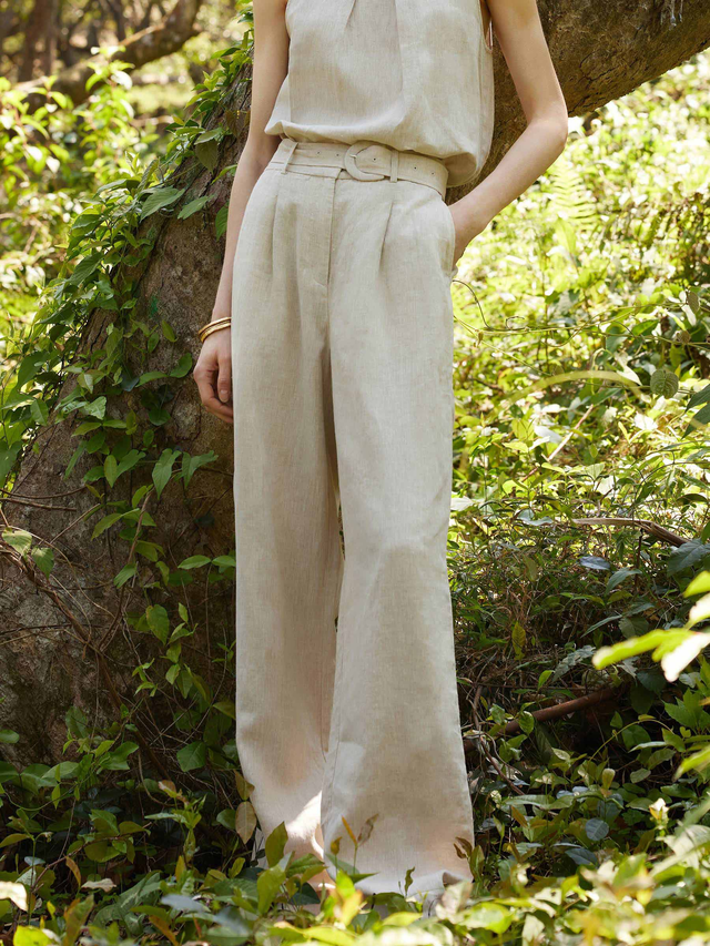 100% Linen Women Straight Leg Pants With Belt