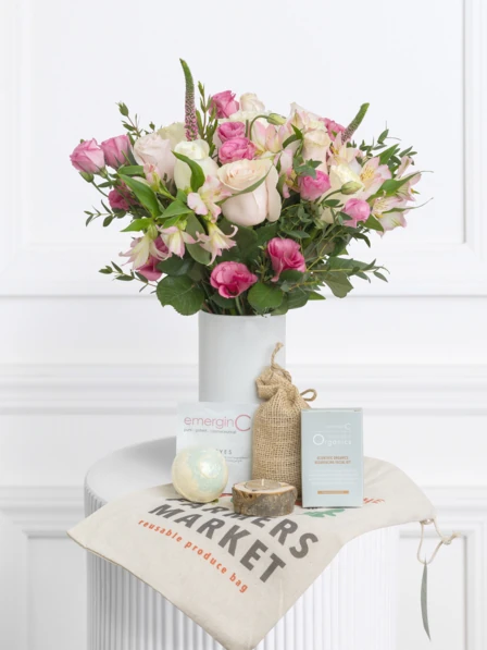 Flowers + Spa Kit + White Vase