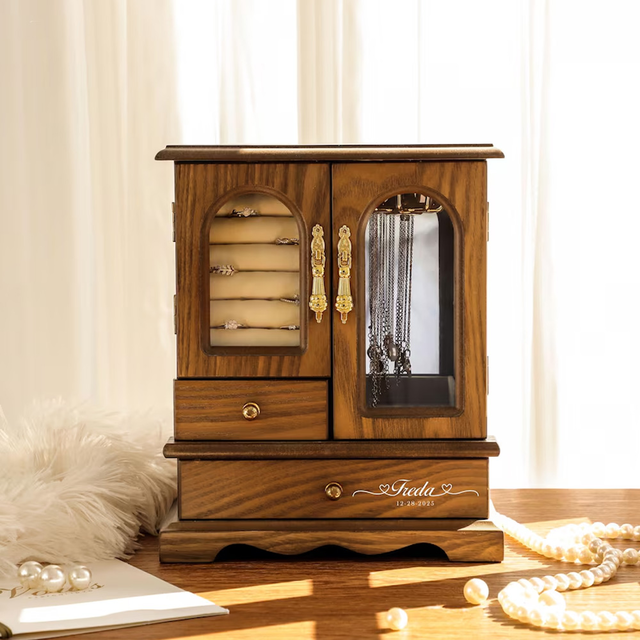 Personalized Engraved Name Mini Cabinet Jewelry Box, Walnut Vintage Jewelry Organizer Box, Christmas/Birthday/Wedding/Gift for Her/Mom/Bridesmaids