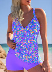 Smocked High Waisted Ditsy Floral Print Purple Tankini Set