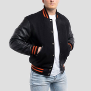 Black Wool Body & Black Leather Sleeves with Orange Stripes Varsity Jacket