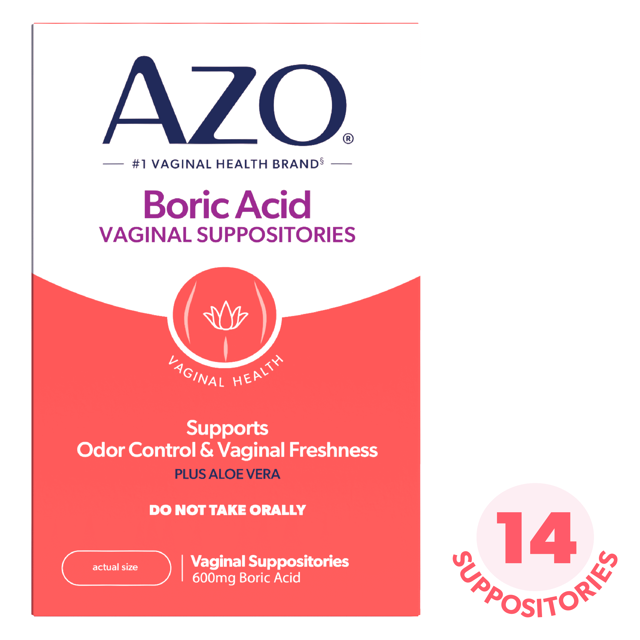 AZO Boric Acid Vaginal Suppositories, For Odor Control & Vaginal PH Balance with Boric Acid, 14 Ct