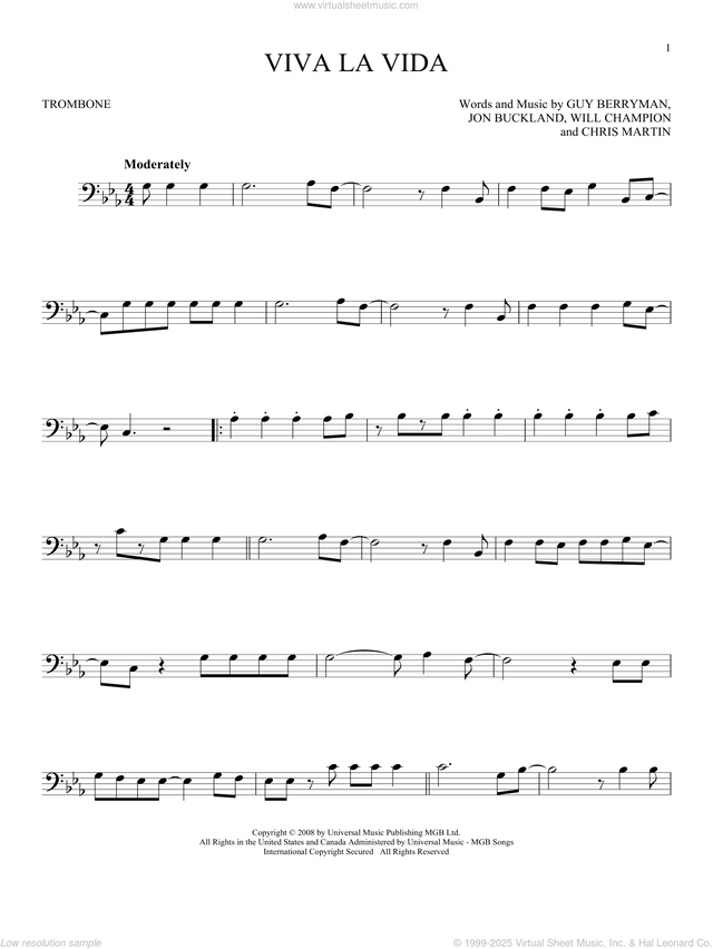 Viva La Vida sheet music for trombone solo (PDF-interactive)